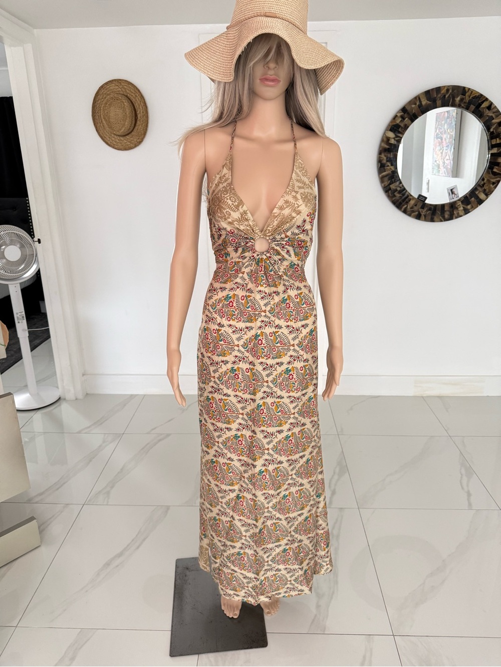 Beige Floral Halter Maxi Dress with Ring Detail